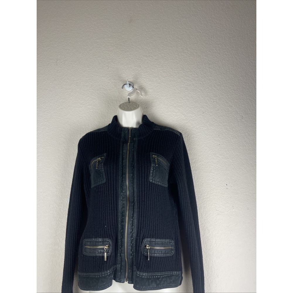 Conrad C Collection Black Ribbed Knit & Suede Full-Zip Moto Jacket Medium